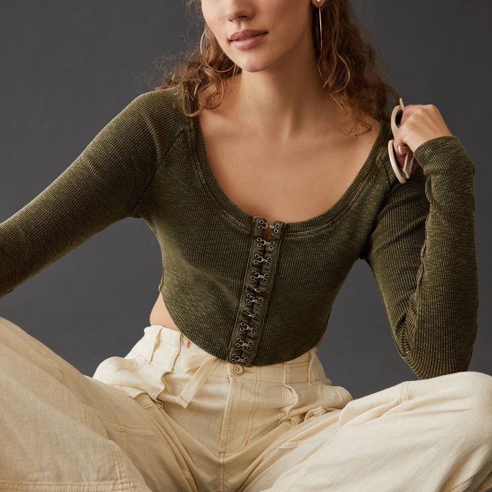 Pilcro Anthropologie Olive Button-Front Crop Top Cardigan Size Small